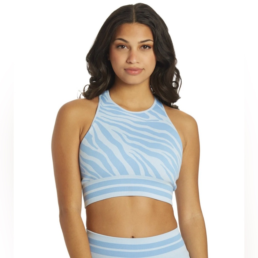 Spiritual Gangster High Neck Jacquard Bra, Light Blue Zebra Crop Bralette, S/XS
